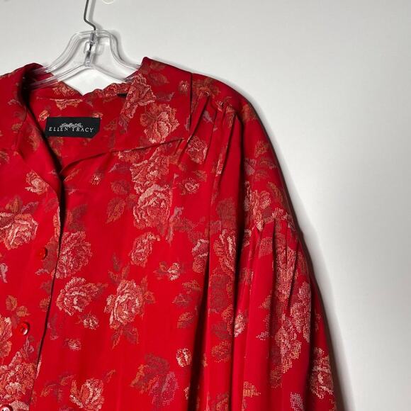 Linda Allard for Ellen Tracy Womens Button Down Shirt Sz M Red Oversized Floral - Picture 9 of 16
